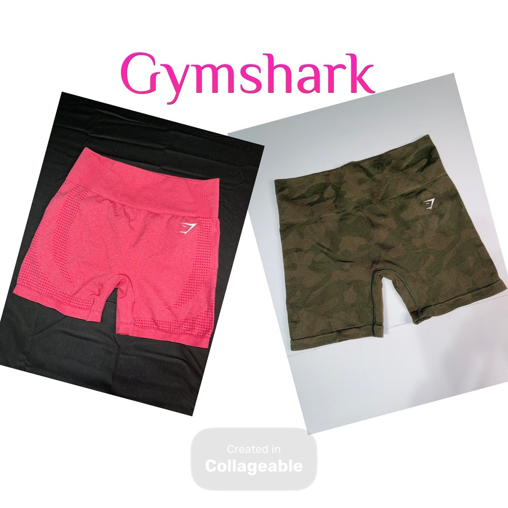 Gymshark Seamless Shorts Med. Bundle Pink Camo Green High Waisted Workout 2 Pair